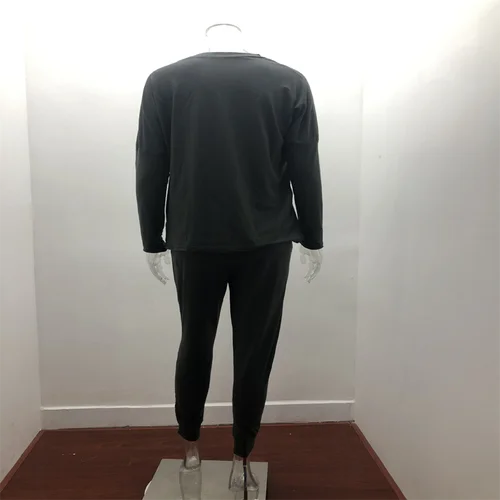 Imagen 2 del producto Conjunto de pijama informal de dos piezas para mujer, Top de manga larga con cuello redondo y pantalones, color liso