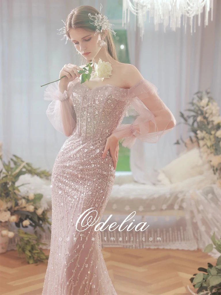 Vestido de celebridad de sirena brillante, rosa, cuello barco, purpurina, lentejuelas, manga larga, cuentas, boda, brindis, fiesta, vestido de noche