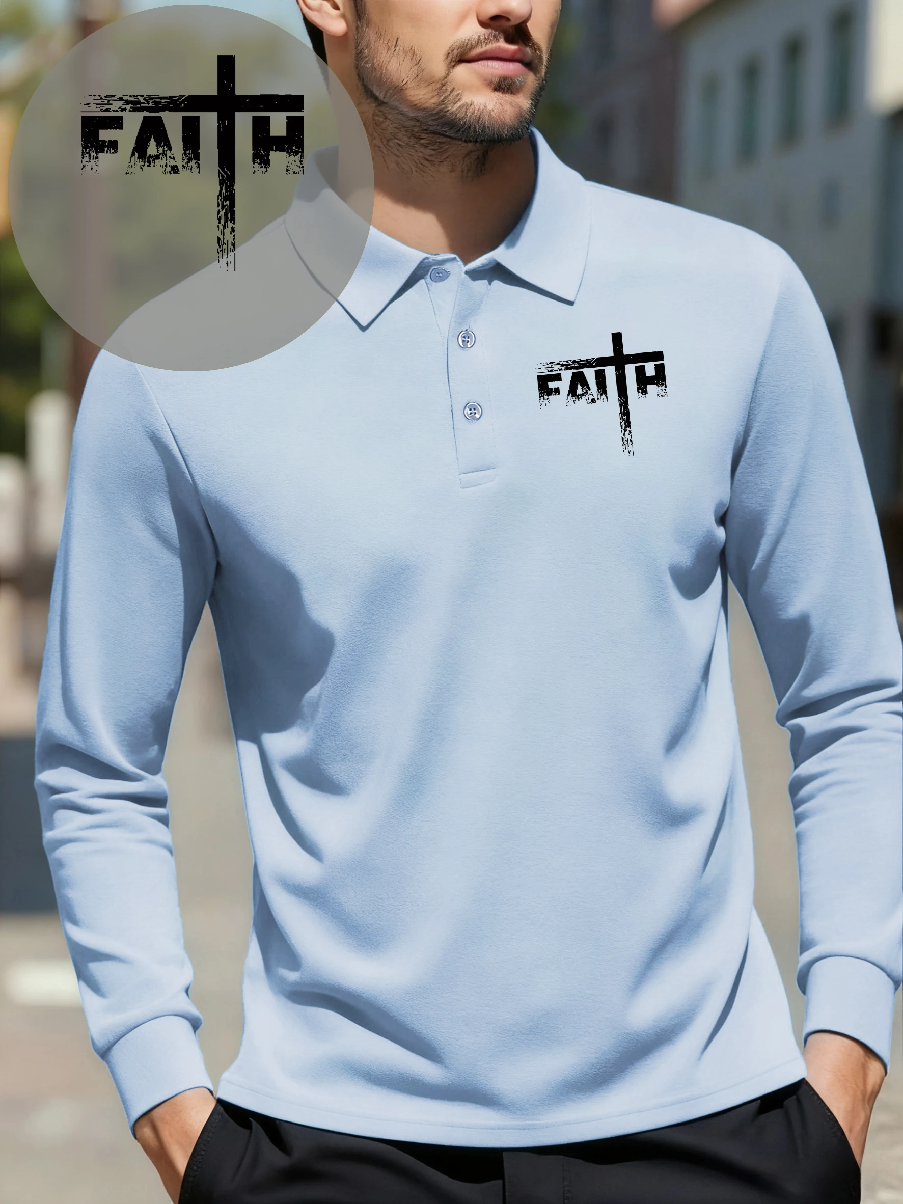 

Мужские рубашки поло Creative Faith с буквенным принтом, осенние универсальные флисовые деловые футболки с длинными рукавами, повседневные мужские футболки в стиле хип-хоп