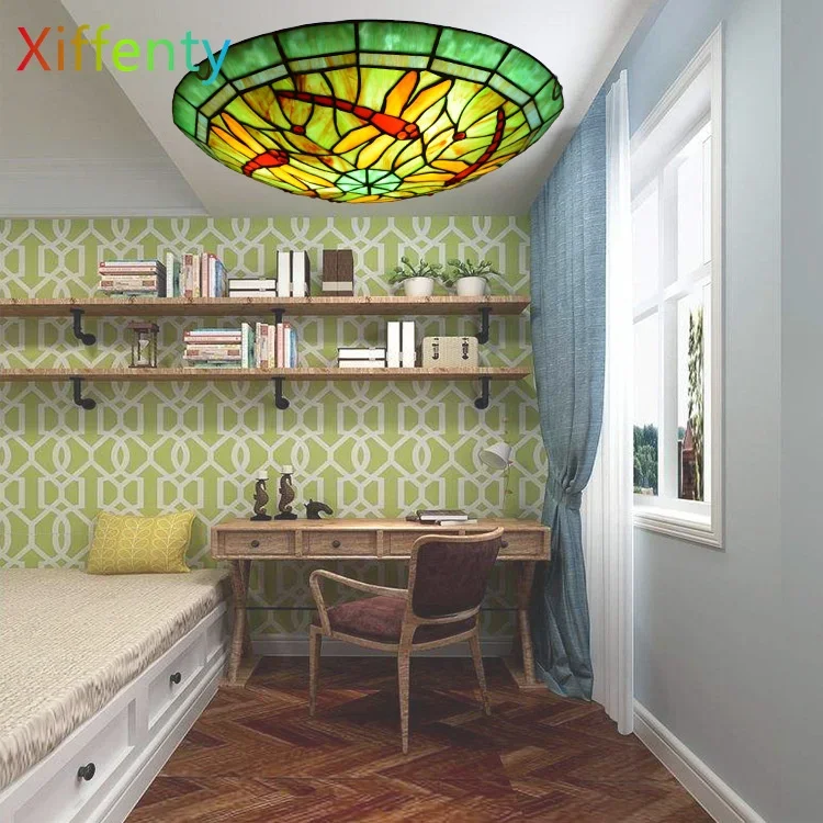 Round ultra-thin ceiling lamp balcony corridor children's homeowner bedroom lamp Tiffany stained glass home decoration lighting