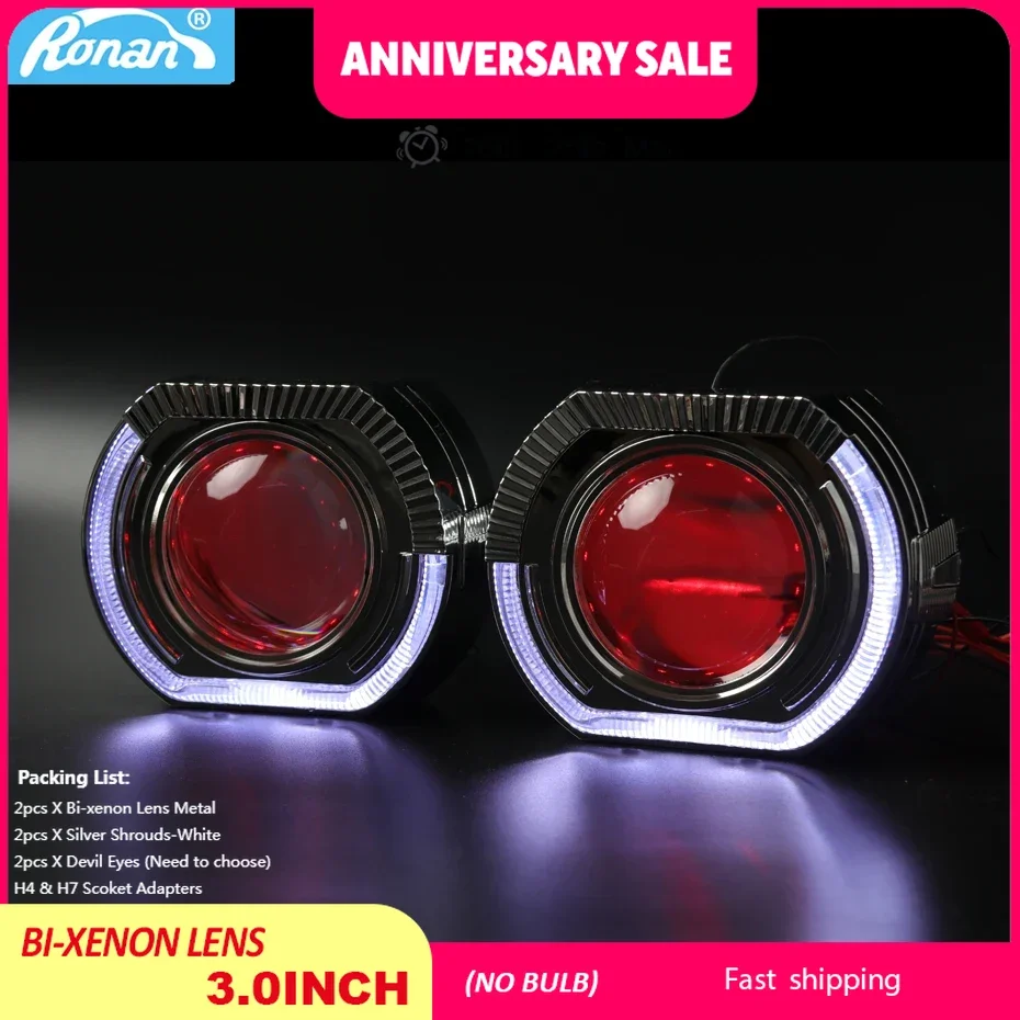 RONAN 3.0 Full Metal HID Bi-Xenon Headlight Lens Retrofit Car Styling H1 H4 H7 Daytime Running Light Silver Shrouds