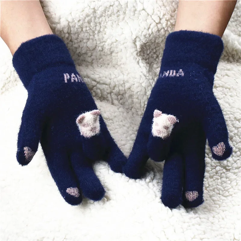 Luvas de malha femininas luvas espessadas panda dedo tela sensível ao toque luvas de ciclismo da moda inverno quente novo estilo