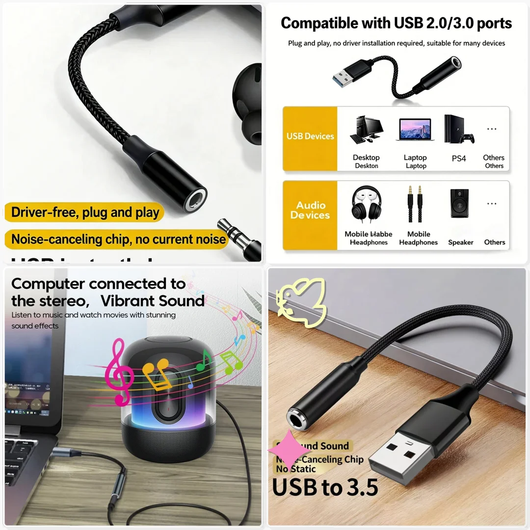 USB to 3.5mm Audio AUX Cable Adapter External Sound Card Female Port to 3.5mm Jack Headphone Mic PC Link