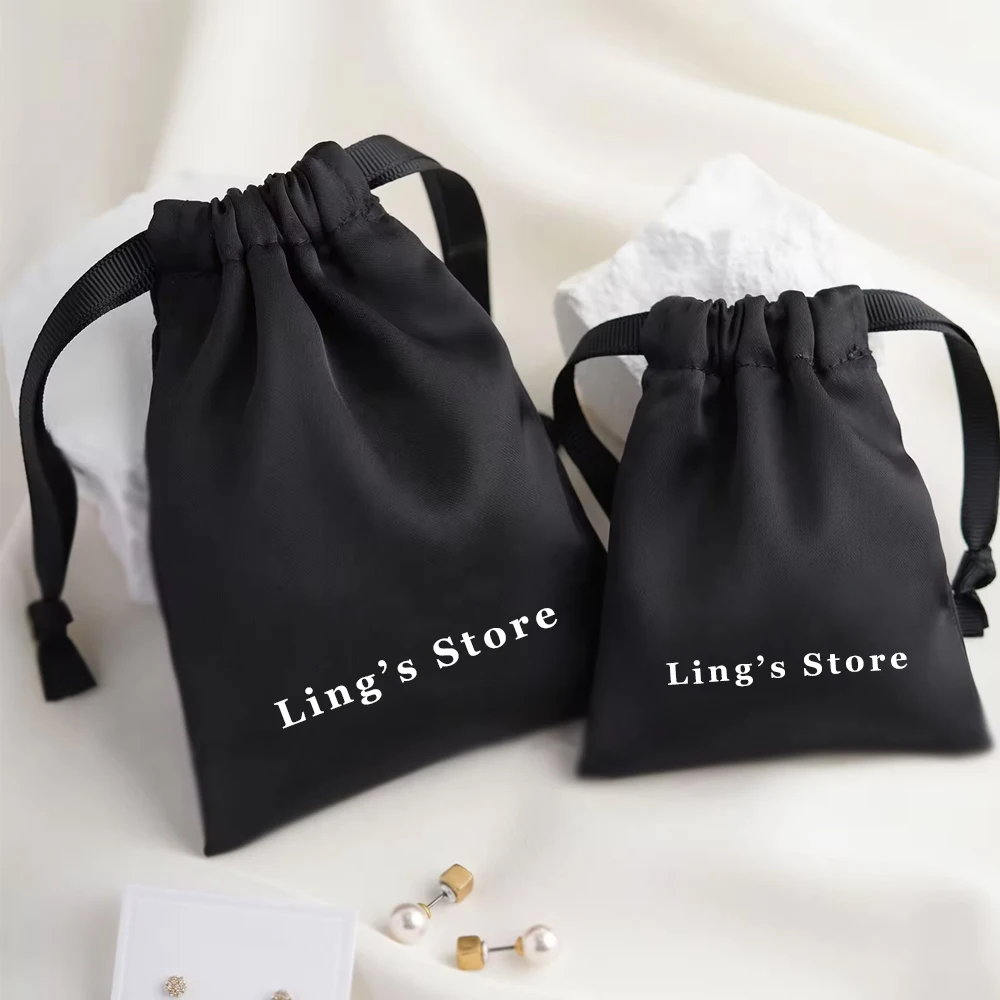 

50Pcs Custom Logo Jewelry Silk Bag Ring Earrings Cosmetic Drawstring Black Satin Pouches Personalized Wedding Gift Storage Sack