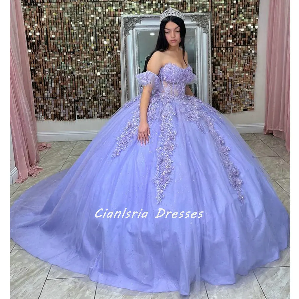

Сиреневое милое кристальное мексиканское платье Quinceanera, бальное платье, иллюзия, 3D цветы, аппликации, корсет, Vestidos De XV Anos