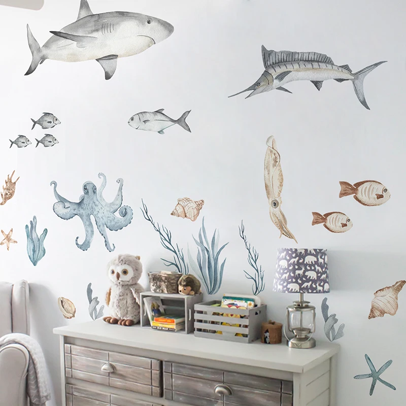 Ocean Animal Wall Sticker Large Watercolor Sharks Wall Decals Underwater World Marine Life Decals for Kids Room Composable Decor