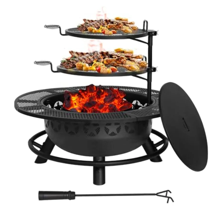 

35 Inch Outdoor Wood Burning Fire Pit with Dual Cooking Grates and Charcoal Pan for Backyard Bonfire Patio Picnic and Camping D