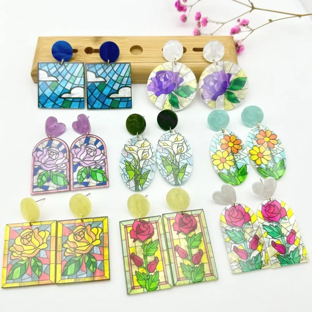 Flower Acrylic Acetic Acid Board Stud Earrings for Women New Chinese Hand-painted Oil Painting Earring Accessories