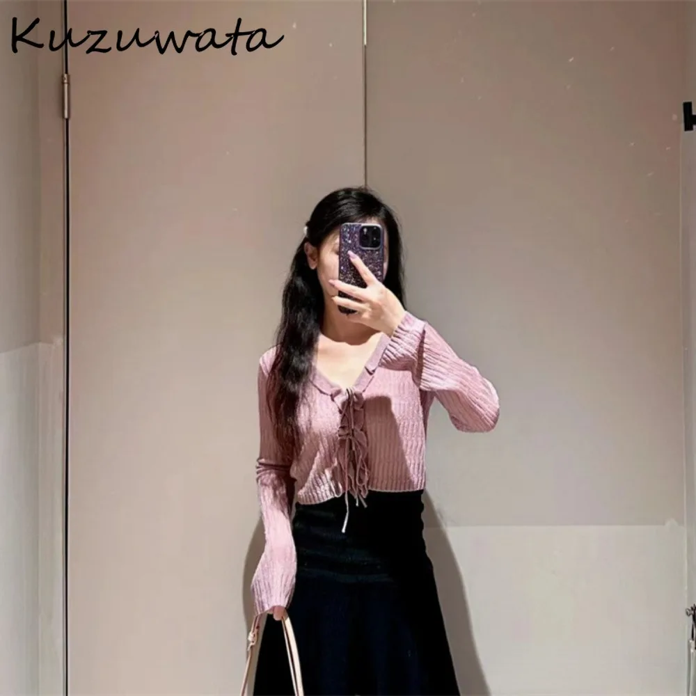 Kuzuwata Sweet V Neck Long Sleeve Elegant Jumper Solid Stripe Fungus Casual Cardigan Japan Early Spring New Lace Up Knit Sweater