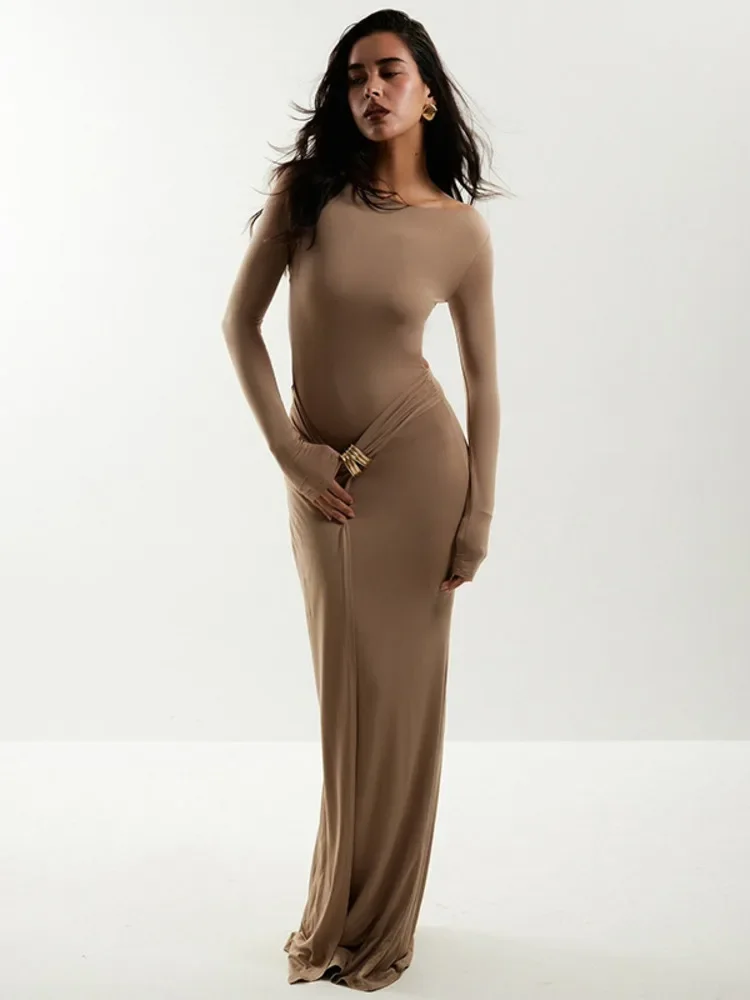 

Backless Long Sleeve Sexy Maxi Dress Women Fashion O Neck Draped Ruched Bodycon Club Party Long Dress Female Elegant