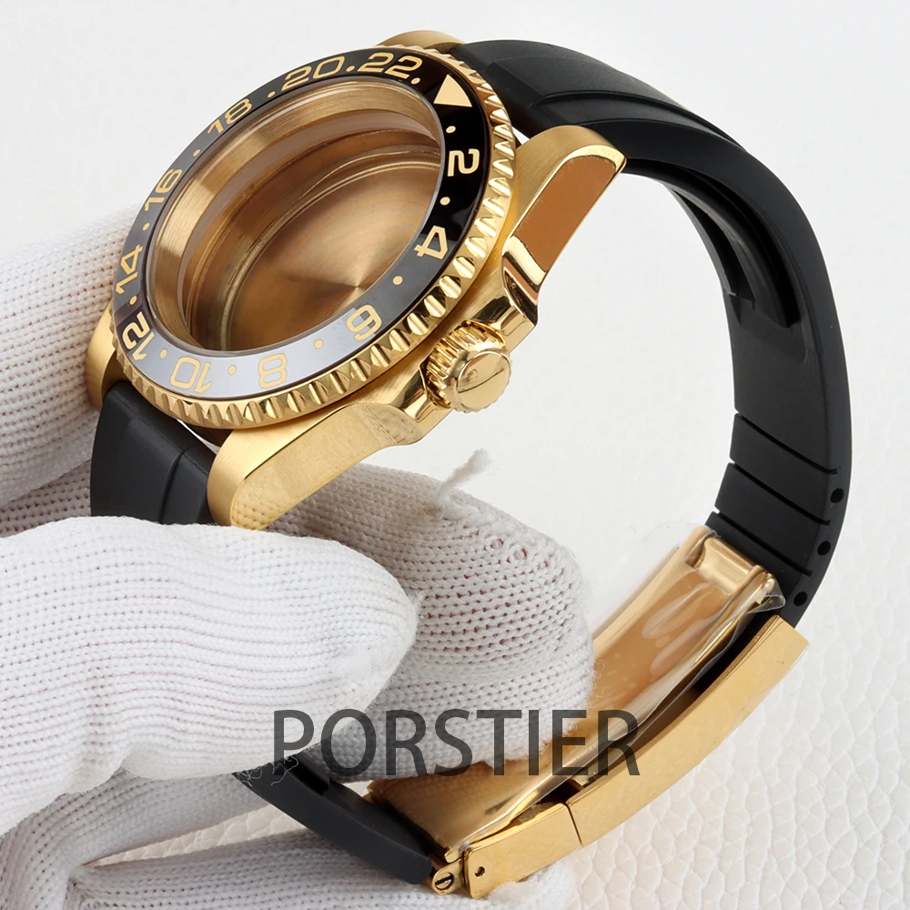 40mm Diver Watch Case for SUB GMT NH34 NH35 NH36 movement 28.5mm Dial Gold pvd Stainless steel Case Sapphire Glass Rubber Strap