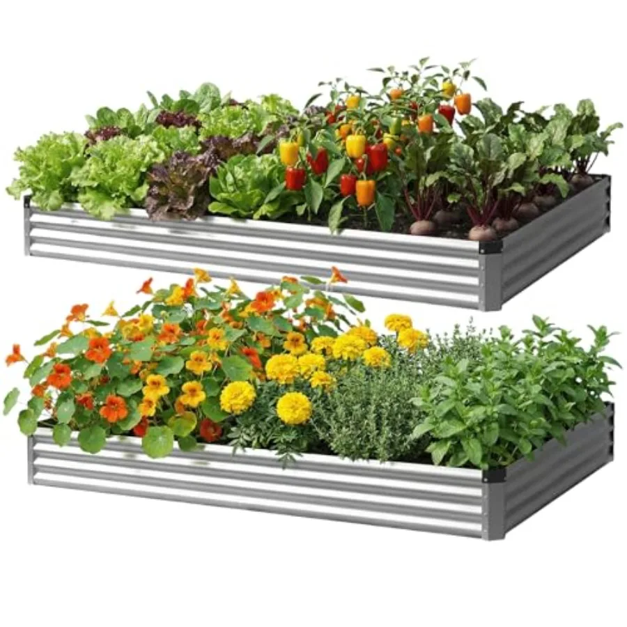 

Outdoor raised garden beds for vegetables and flowers, galvanized steel, silver, 8x4x1 FT deep planter boxes with rust-resistan