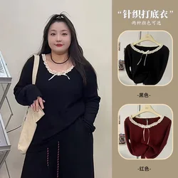 Plus size, lace round neck, loose fitting belly covering base shirt 3469