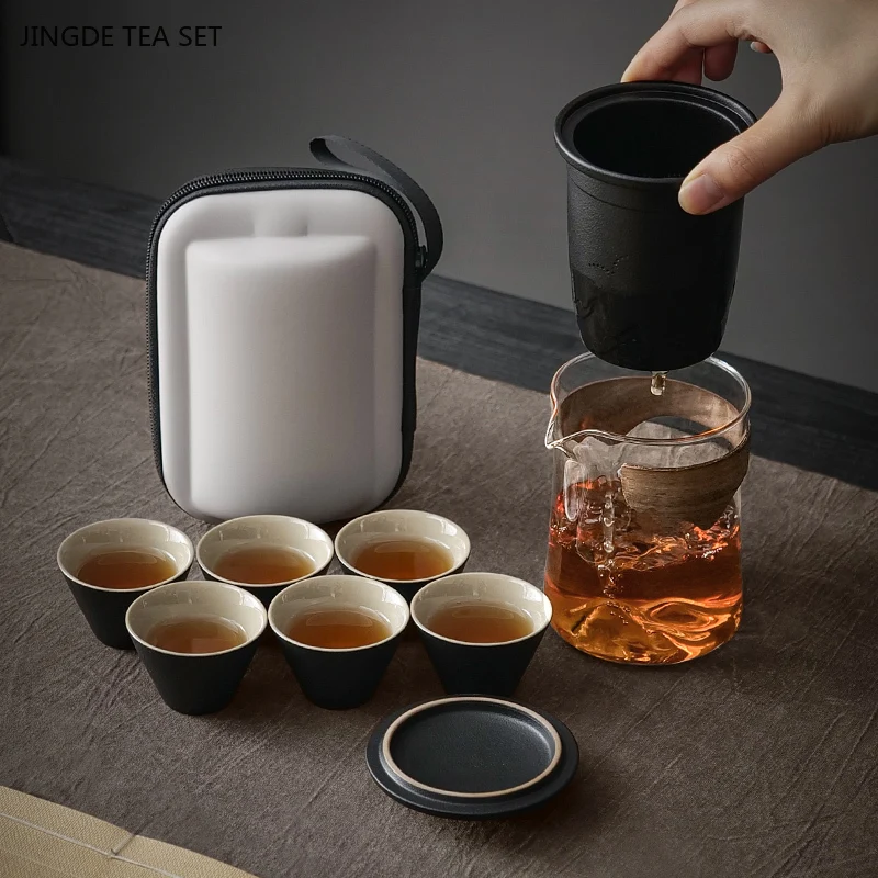 Portable Glass Tea Set Outdoor Travel One Pot Three Cup Set Ceramic Tea Infuser Handmade Custom Tea Accessories Beauty Kettle