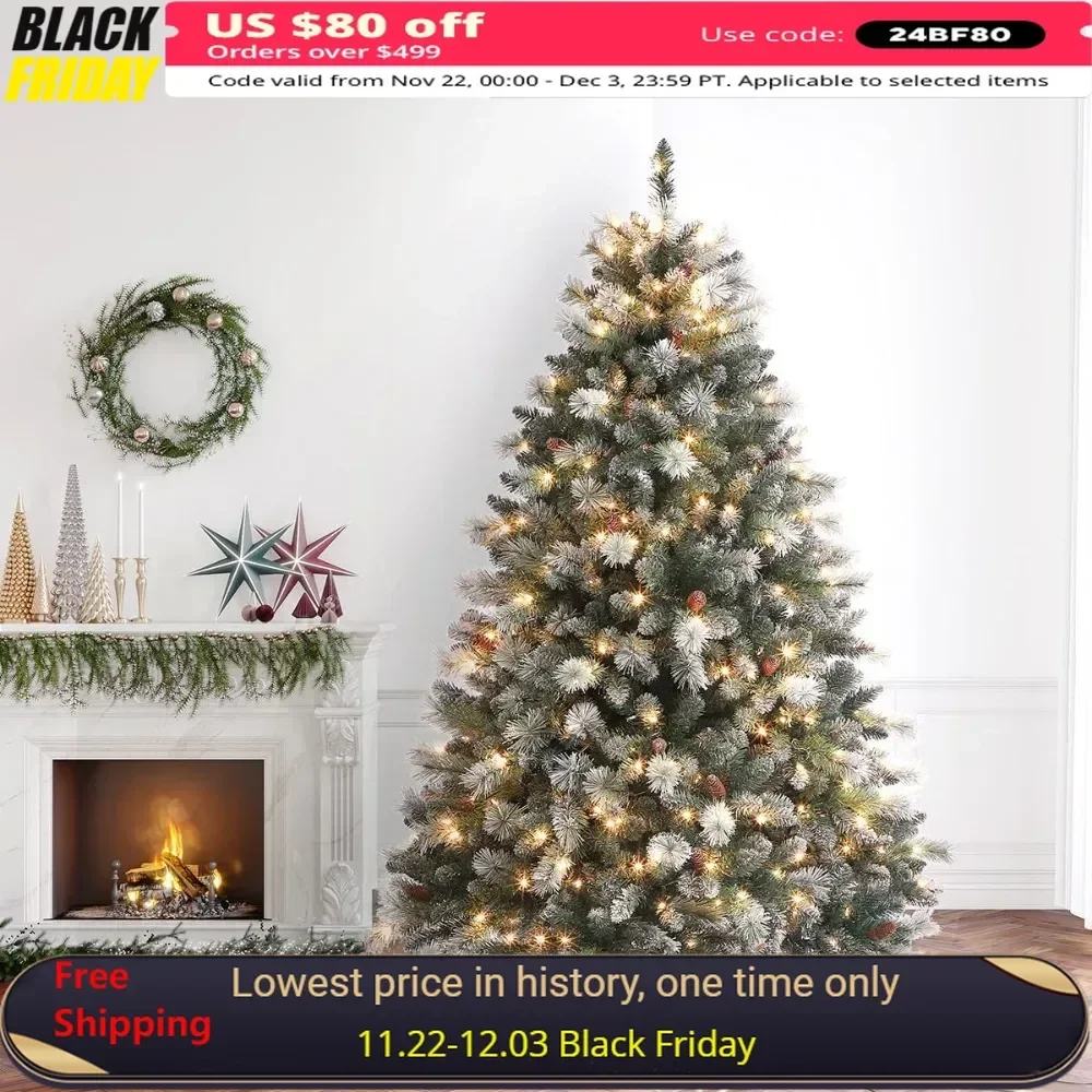 7FT Christmas Tree with Warm White Lights, Snow Flocked Christmas Tree with Pine Cone for Home