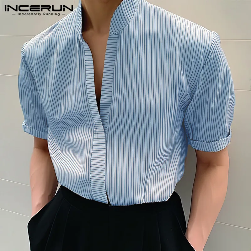 

Casual Simple Style Tops INCERUN 2024 Men's Striped Stand Neck Design Shirts Handsome Male All-match Short Sleeved Blouse S-5XL