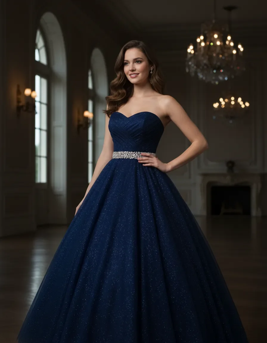 Luxury Dark Blue Strapless Glitter Tulle Evening Gown Rhinestone Waist Train Quinceanera Host Pageant Wedding Guest Party Dress