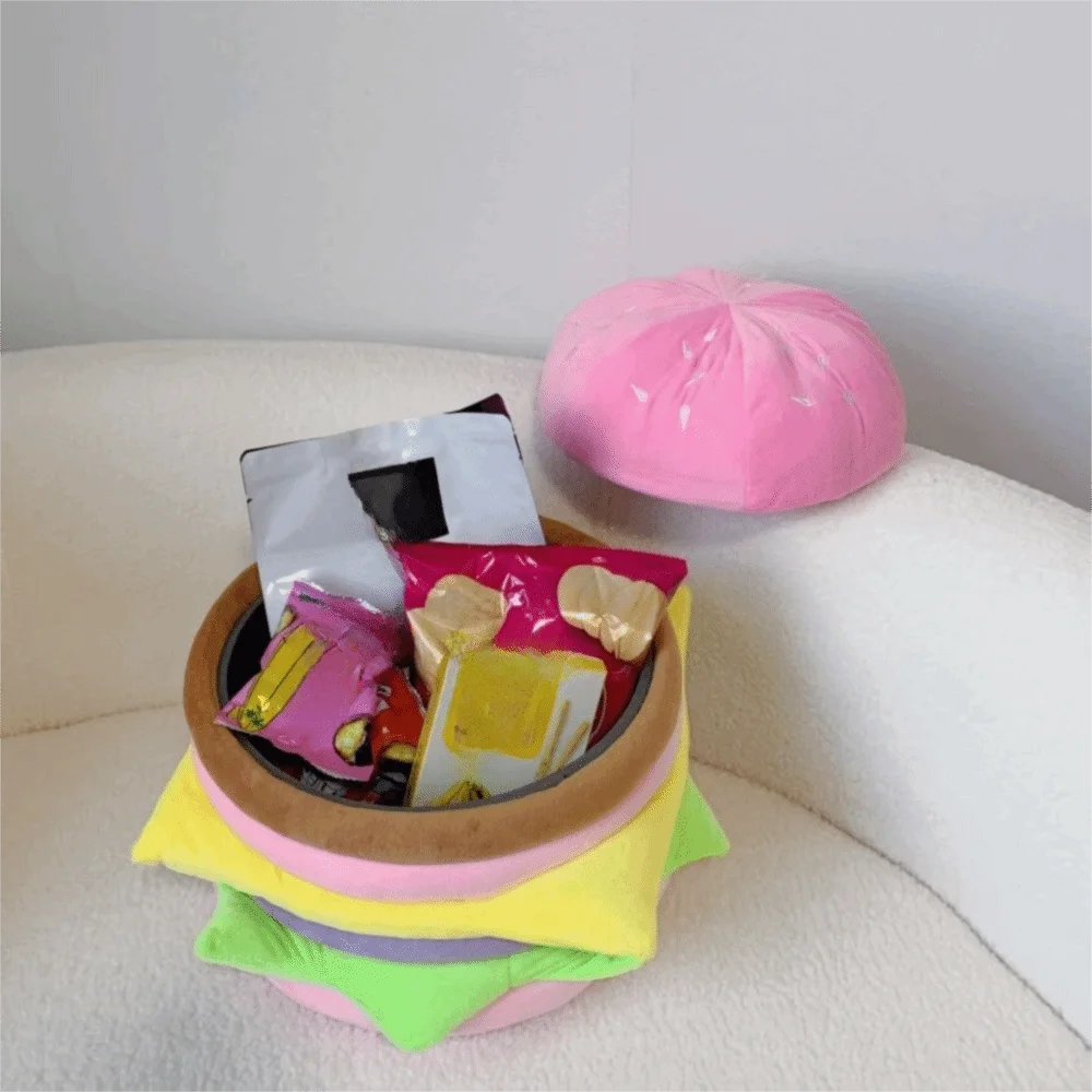 Creative Cartoon Hamburger Storage Stool Decorative Storage Sitting Stool Soft Space-saving Home Organizer Box Bedroom