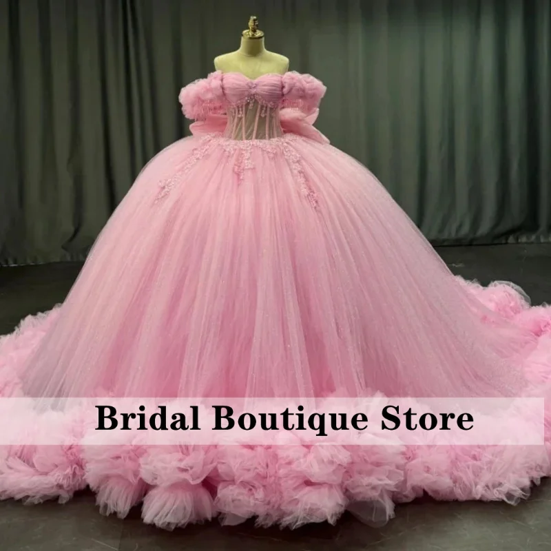 

Pink Shiny Quinceanera Dresses Off The Shoulder Applique Lace Beads Bow Tiered Tull Party Birthday Sweet 16 Dress Vestidos