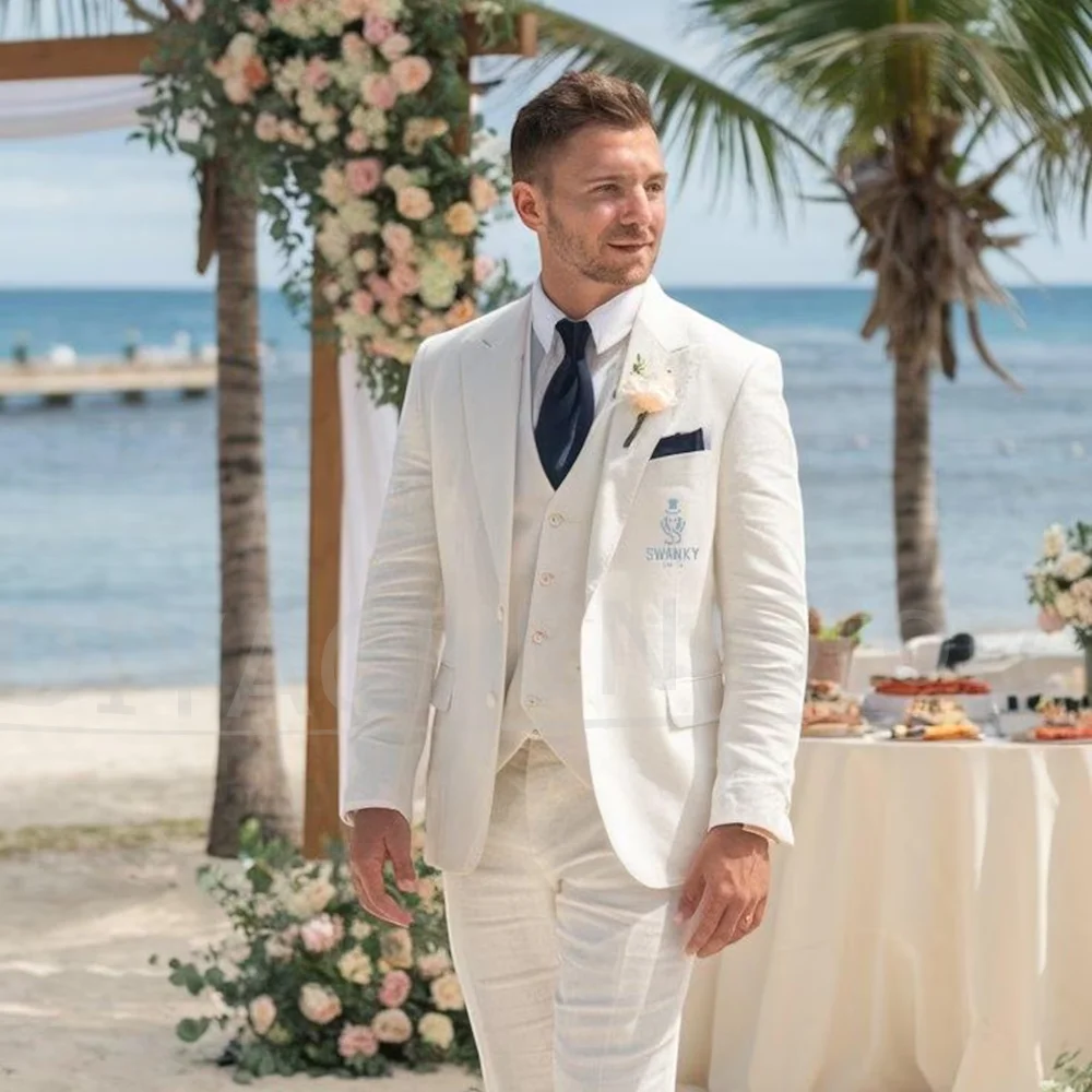 

White Linen Men Suits Chic Peak Lapel Single Breasted Tuxedos Groom Wedding Party Formal High Quality Male Suit 3 Pieces