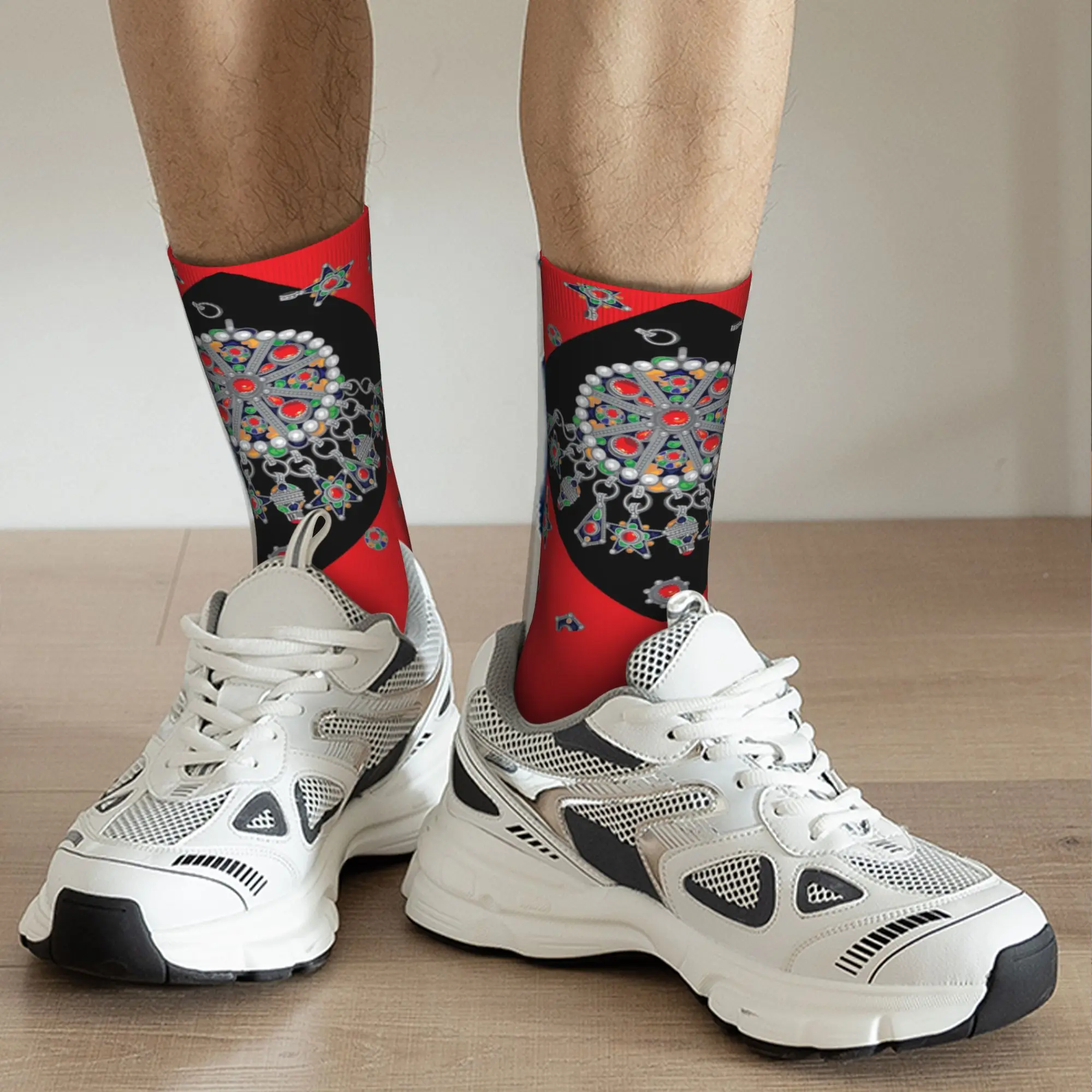 Custom Kabyle Jewelry Men Women Crew Socks Unisex Cute 3D Printed Amazigh Carpet Morocco Dress Socks view 5