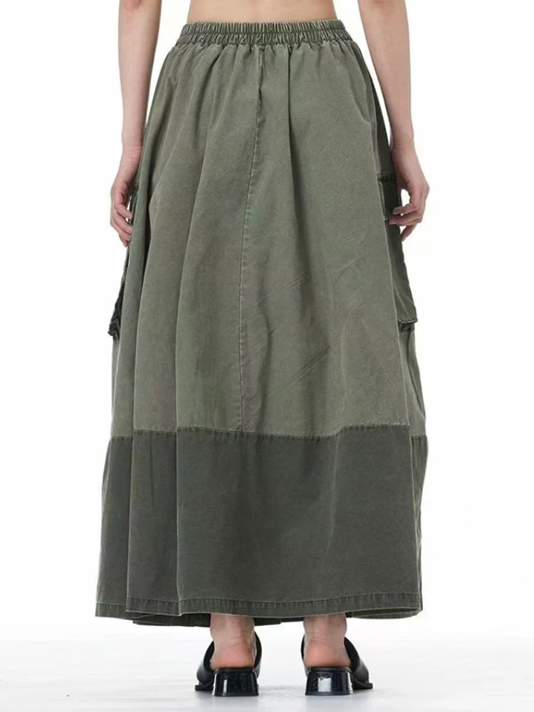 [EAM] High Elastic Waist Army Green Color-block Denim A-line Half-body Skirt Women Fashion Tide New Spring Autumn 2025 1DJ0080