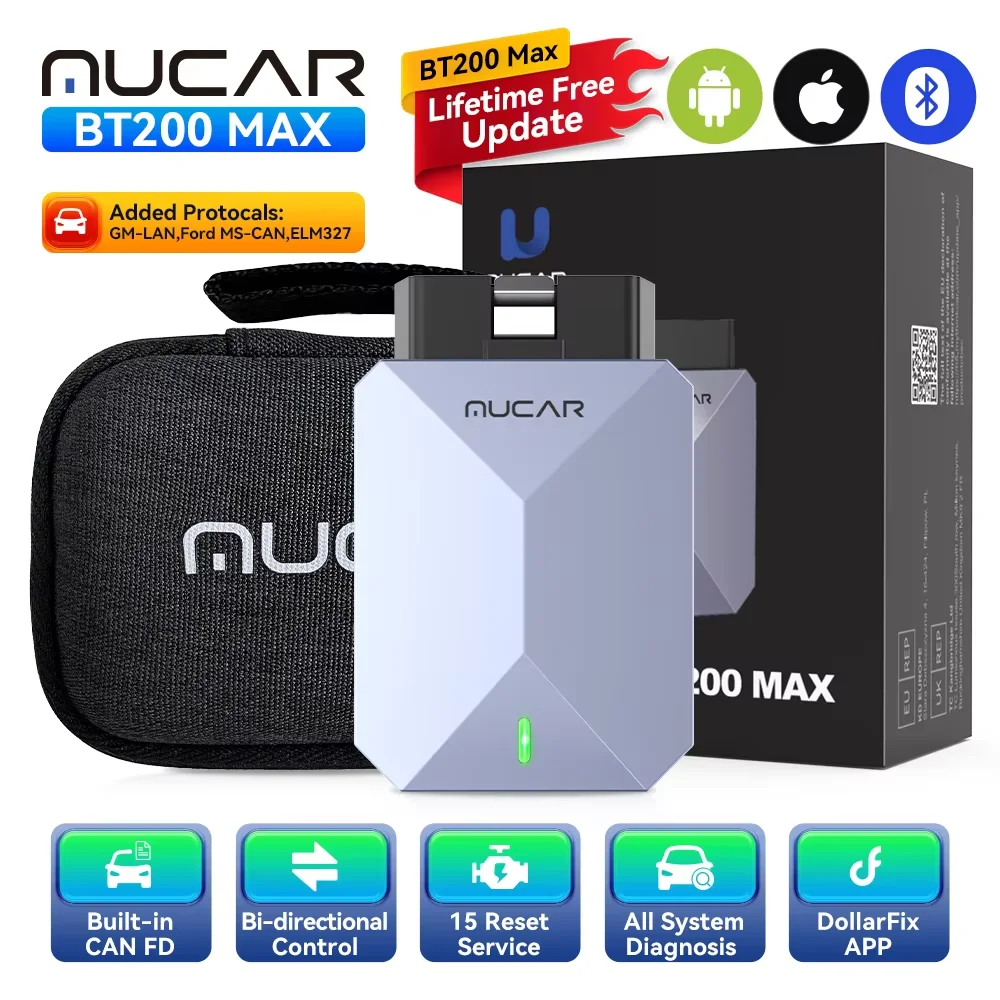 MUCAR BT200 MAX AI Automotive Tools OBD2 Bluetooth Scanner Bidirectionele CANFD 15 Reset Volledig Systeem Voor Alle Auto's Levenslang Gratis