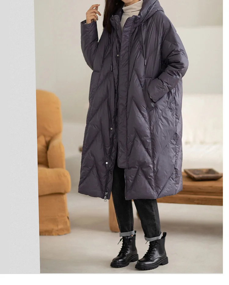 Schinteon Women 90% White Duck Down Long Jacket with Hood Casual Loose Over Size Winter Warm Outwear High Quality 2026 New