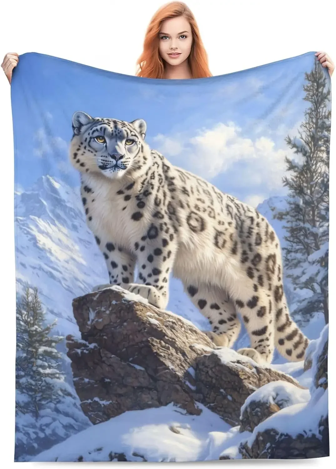Snow Leopard Blanket for Adults Kids, Flannel Animal Snow Leopard Throw Blankets Decor for Bed Living Room Sofa Couch Traveling