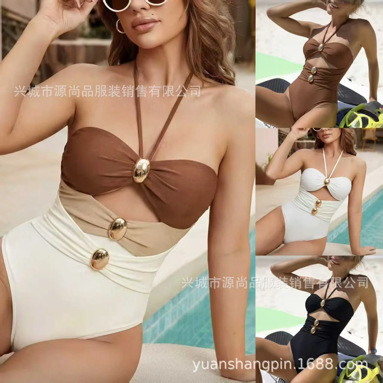 

Bathing Suit Women European And American Sexy Fashion Contrasting Metal Jewelry Neck Women's One-piece Swimsuit