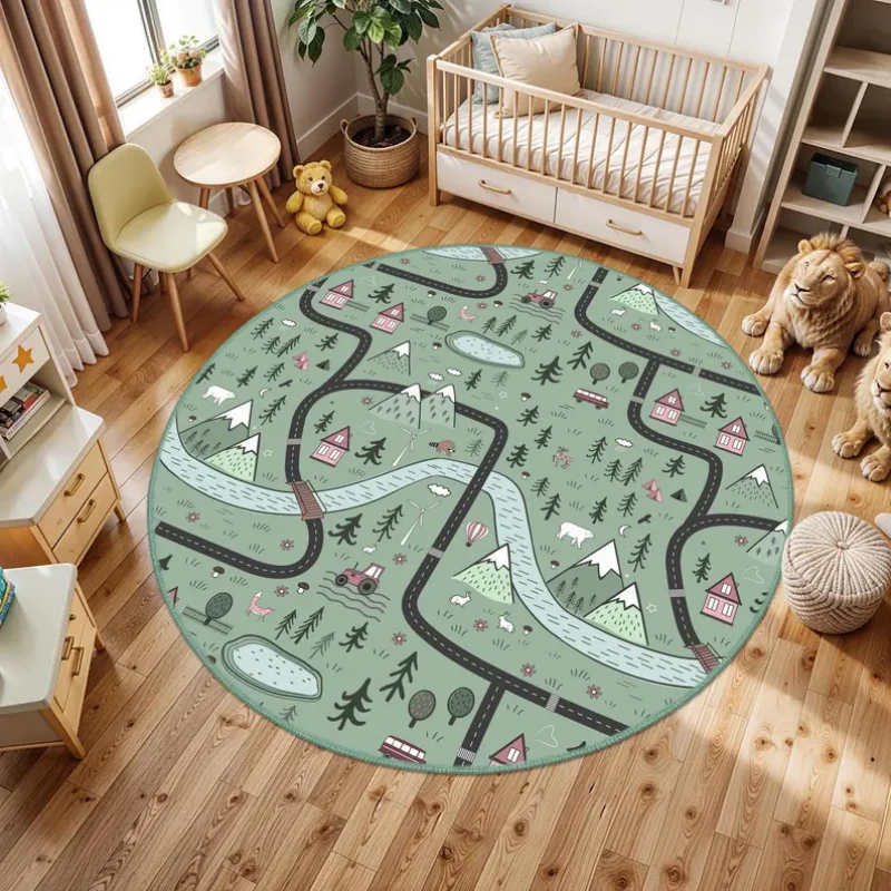 Cartoon Town Road Play Round Rug City Building Car Print Non Slip Soft Mat Interactive Game Carpet Playroom Bedroom Decor