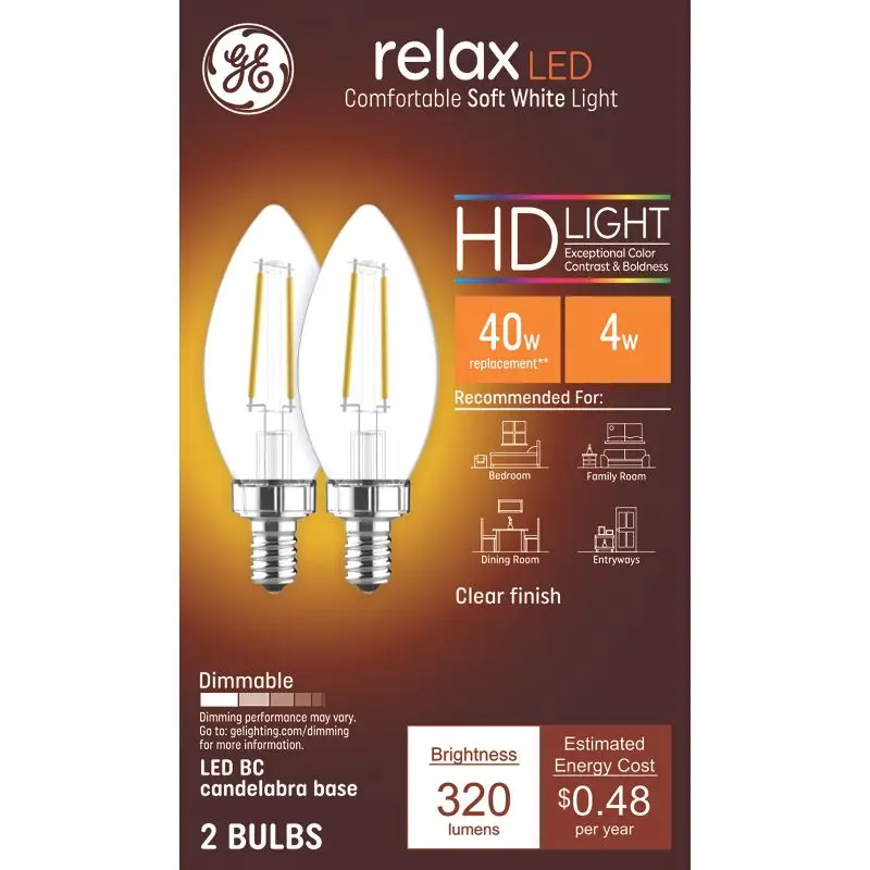 

2 Pack 40W LED Light Bulbs Soft White E12 Candelabra Base Dimmable 320 Lumens Energy Star for Bedroom Living Room