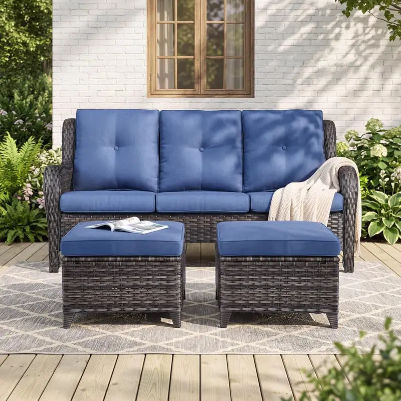 Wicker Outdoor Patio Sofa with Ottoman, Large 3 Seater Wicker Patio Couch with 4in Replaceable Seat Cushions and, Customized