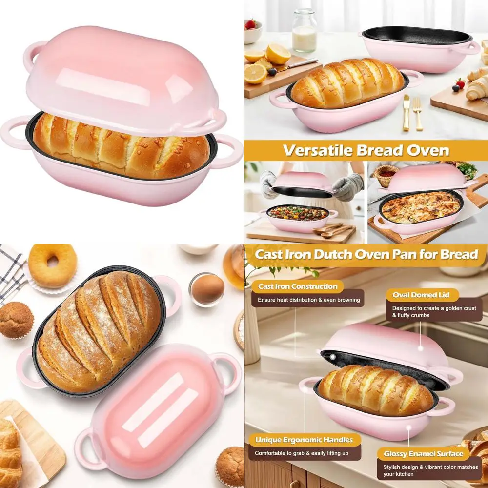 

Oval 2.8 QT Cast Iron Dutch Oven for Bread Baking, Perfect for Sourdough and Roasting in Pink