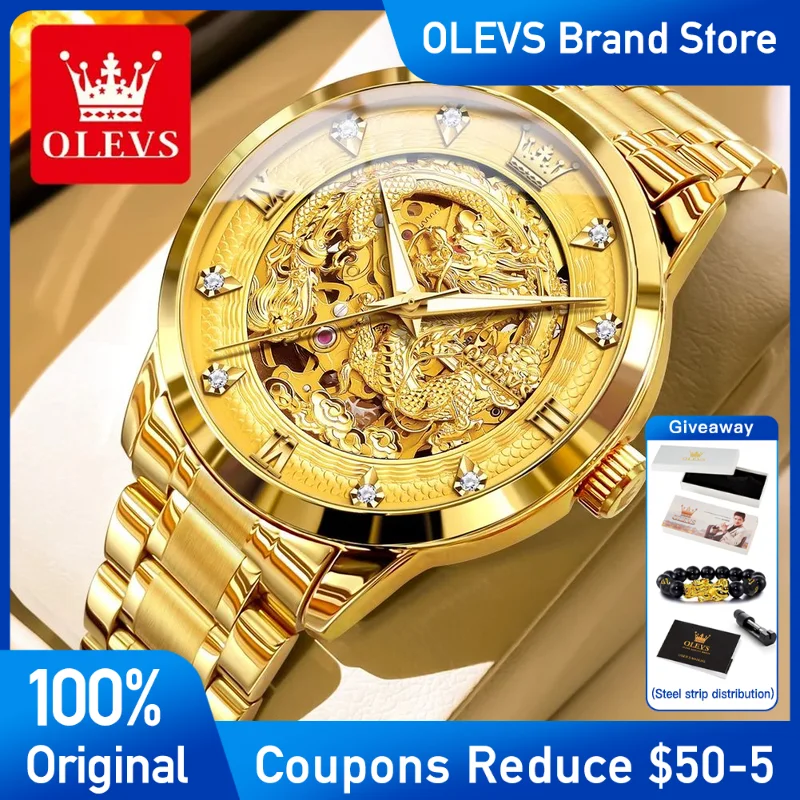 

OLEVS Mens Watch Top Brand Original Luxury Golden Zircon Scale China Loong Dragon Dial Waterproof Luminous Men's wristwatch