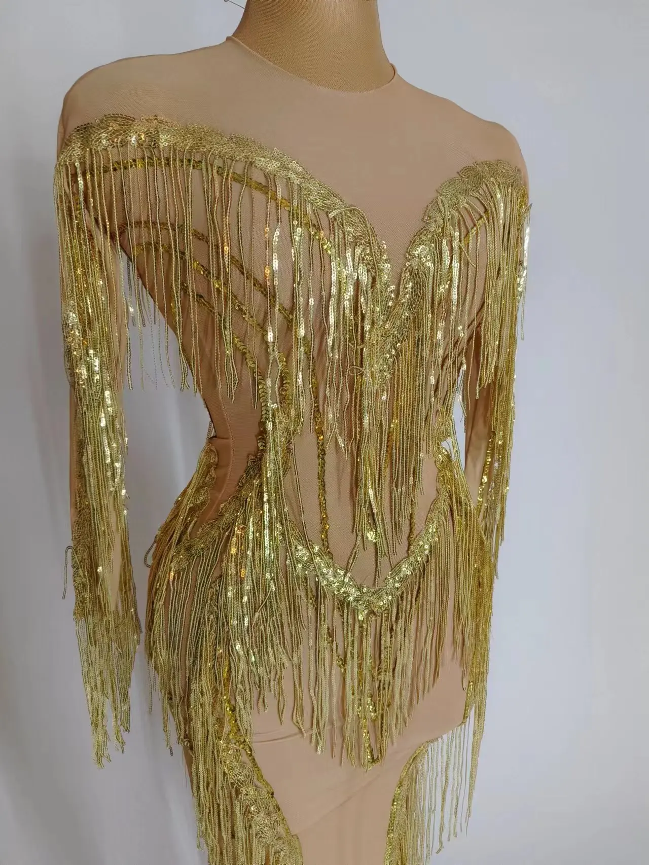 Sparkly Gold Rhinestones Fringe Leotard WomenBirthday Nightclub Party Outfit Sexy DanceBodysuit Performance Show Stage Wear B179