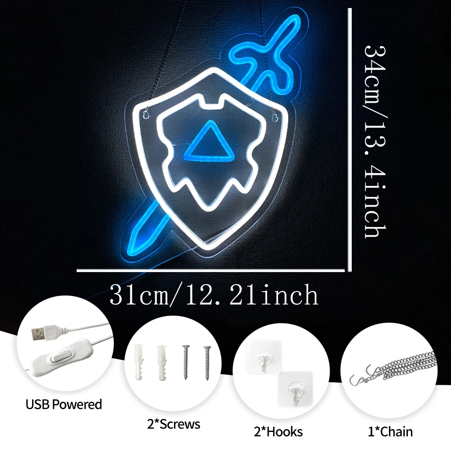Sword And Shield Neon Sign For Wall Decor,Light Up Sign For Game Room,Bedroom,Man Cave,Bar,Party,Gift For Game Fans,USB Powered