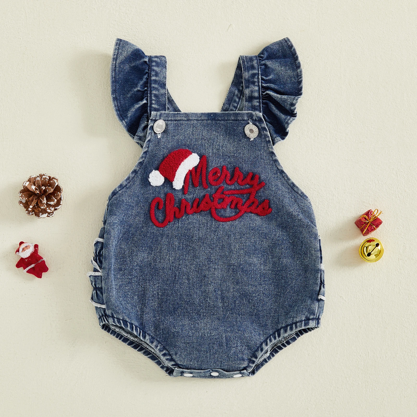 

Newborn Baby Girl Christmas Romper, Fashionable Fly Sleeve Embroidery Letters Denim Bodysuit Overalls for Daily Party