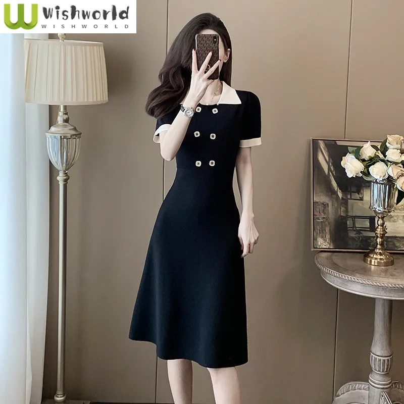 

Ice Silk Black Dress for Women in Spring and Summer 2025 Slim Fit and Slimming A-line Short Sleeved Knitted Dress