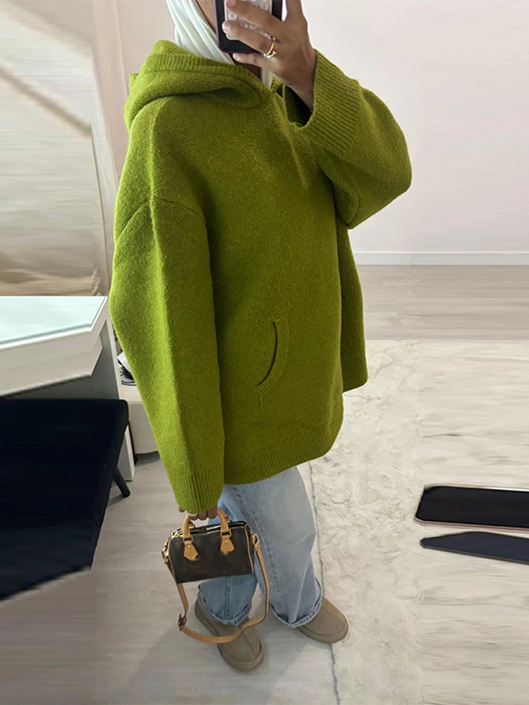 

Модный вязаный пуловер с капюшоном, женский однотонный свободный свитер с длинными рукавами и большими карманами, осень-зима 2022, женские теплые трикотажные изделия