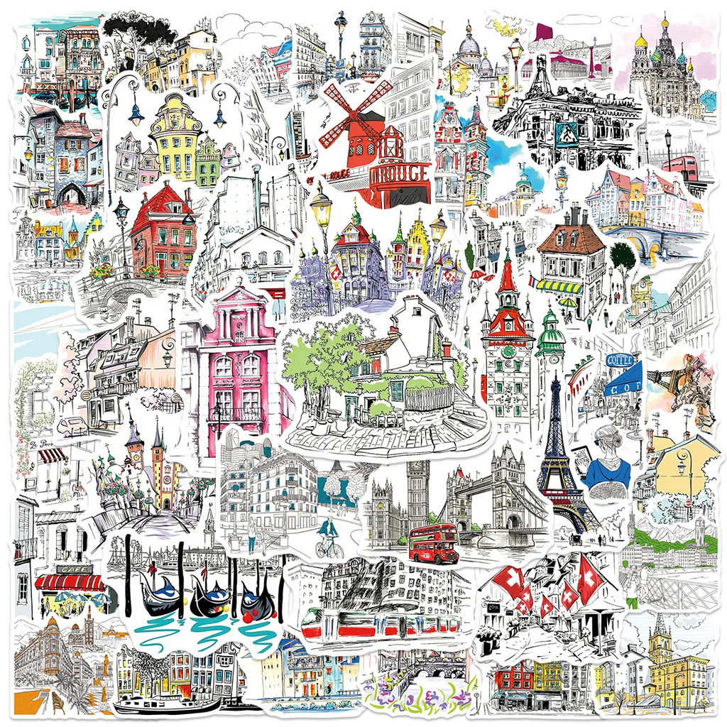 50Pcs Hand Drawn Travel Landmark Building Graffiti Stickers Waterproof Decals for Luggage Phone Case Laptop Anime Worlds Store