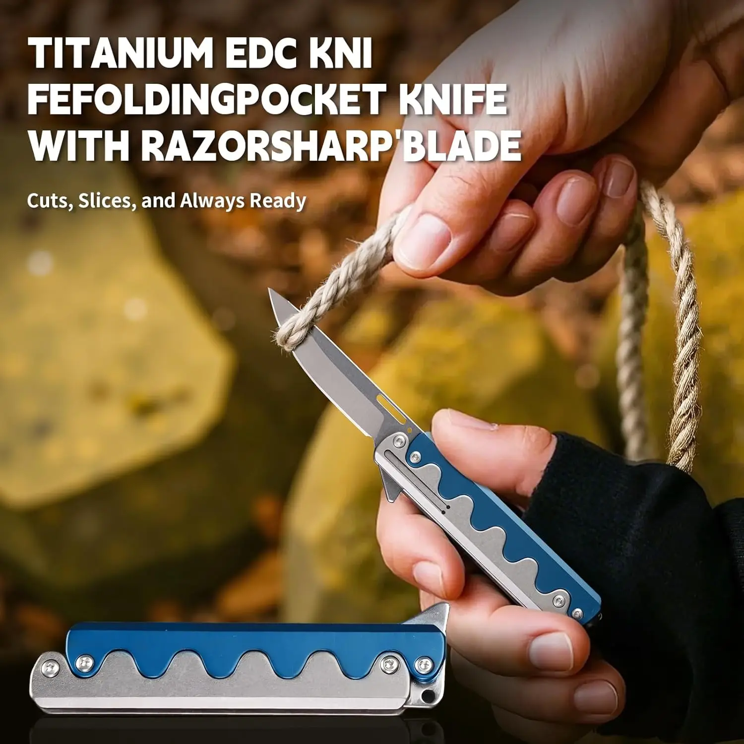 Premium Titanium Sidewinder Folding Knife – Ready-to-Gift EDC Tool One-Hand Deployment, CNC Blue/Wave Grip & D2 Steel Blade