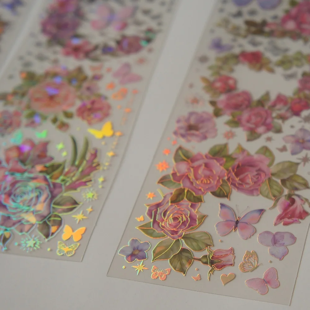 

3 Sheets Laser Diamond Pattern Flower Butterfly Garland Design PVC Sticker Gift Tag Gift Decoration Scrapbooking DIY Sticker