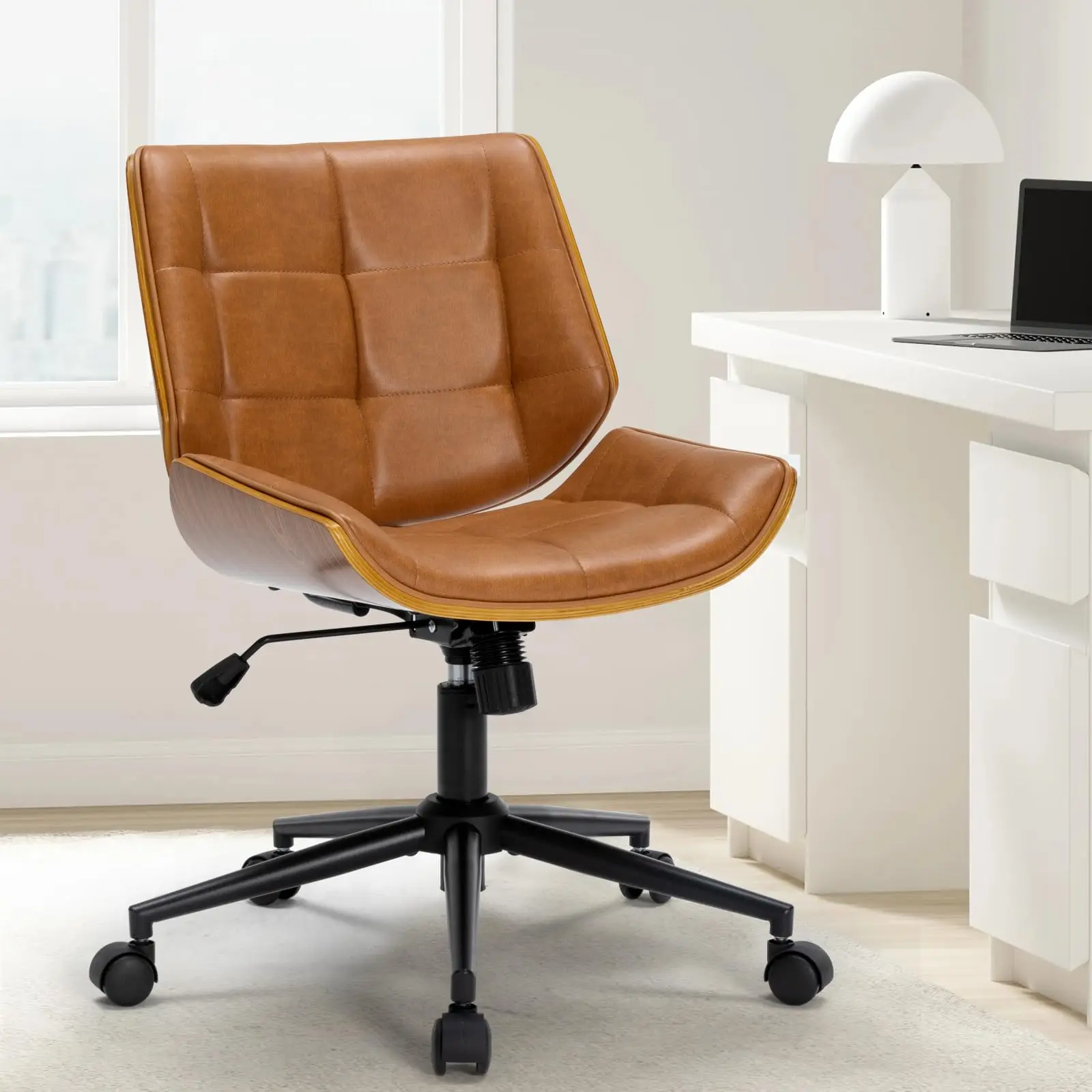 

Armless Leather Office Chair Adjustable Height Swivel Computer Chair Mid-Century Modern Brown