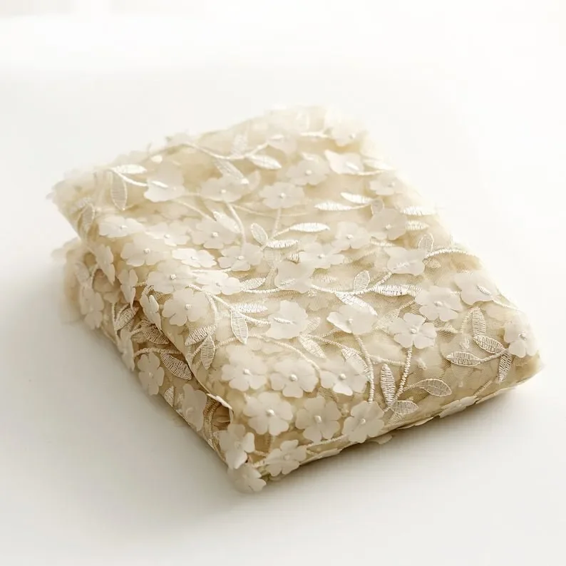 3D chiffon flower Lace Fabric Floral Embroidered Tulle Fabric For Girl Dress Tutu Dress Wedding Dress Bridal Veil 1 Yard