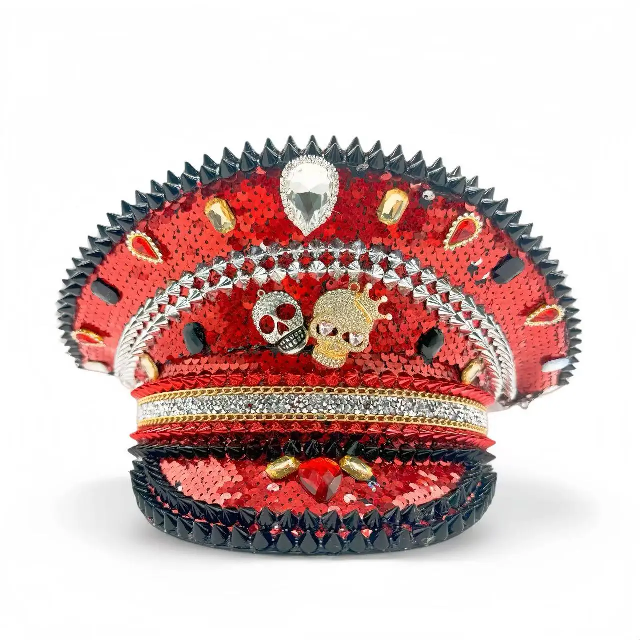 

HongLuan Red Steampunk Captain Hat Rhinestone for Burning Man Festival Woman Army Cap, Military Assessories ＆ Halloween Costume