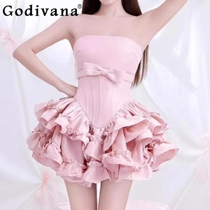 

Elegant Sweet Fashion Pink Bow Slim Fish Bone Strapless Dress New Cute Female Satin Ruffles Birthday Party Cake Princess Dresses