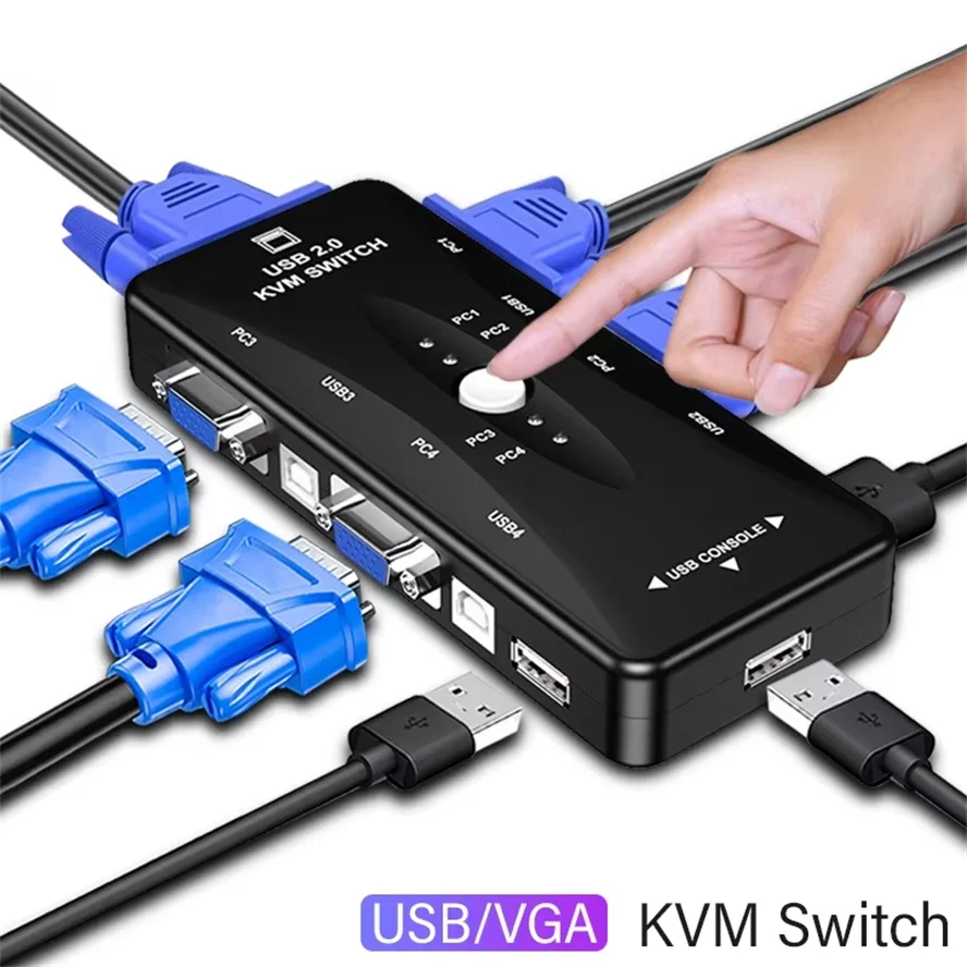 Adaptador KVM Switch VGA USB 2.0, Controlador Compartilhado com 4 Entradas e 1 Saída para Computador, Projetor, Impressora, Teclado, Mouse, Cabo KVM