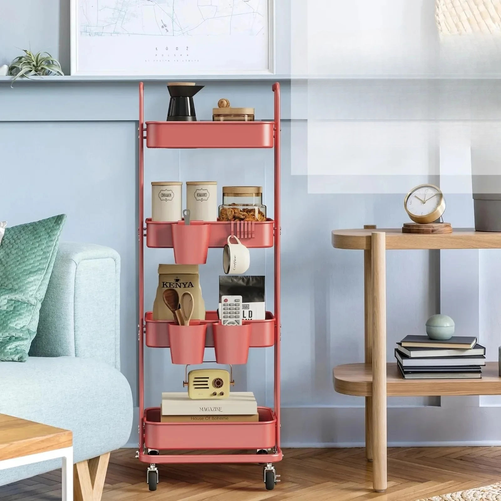 

#For 4 Tier Foldable Rolling Cart, Metal Utility Cart with Wheels, 3 Hanging Cups and 6 Hooks, Folding Trolley for Living Roo