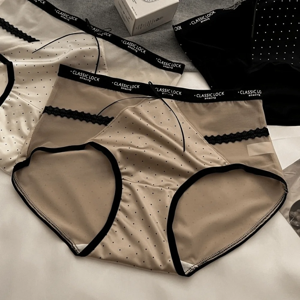 Breathable Mesh Women's Underwear Satin Bow Wave Point Underpants Hollowed-out Seamless Briefs Female